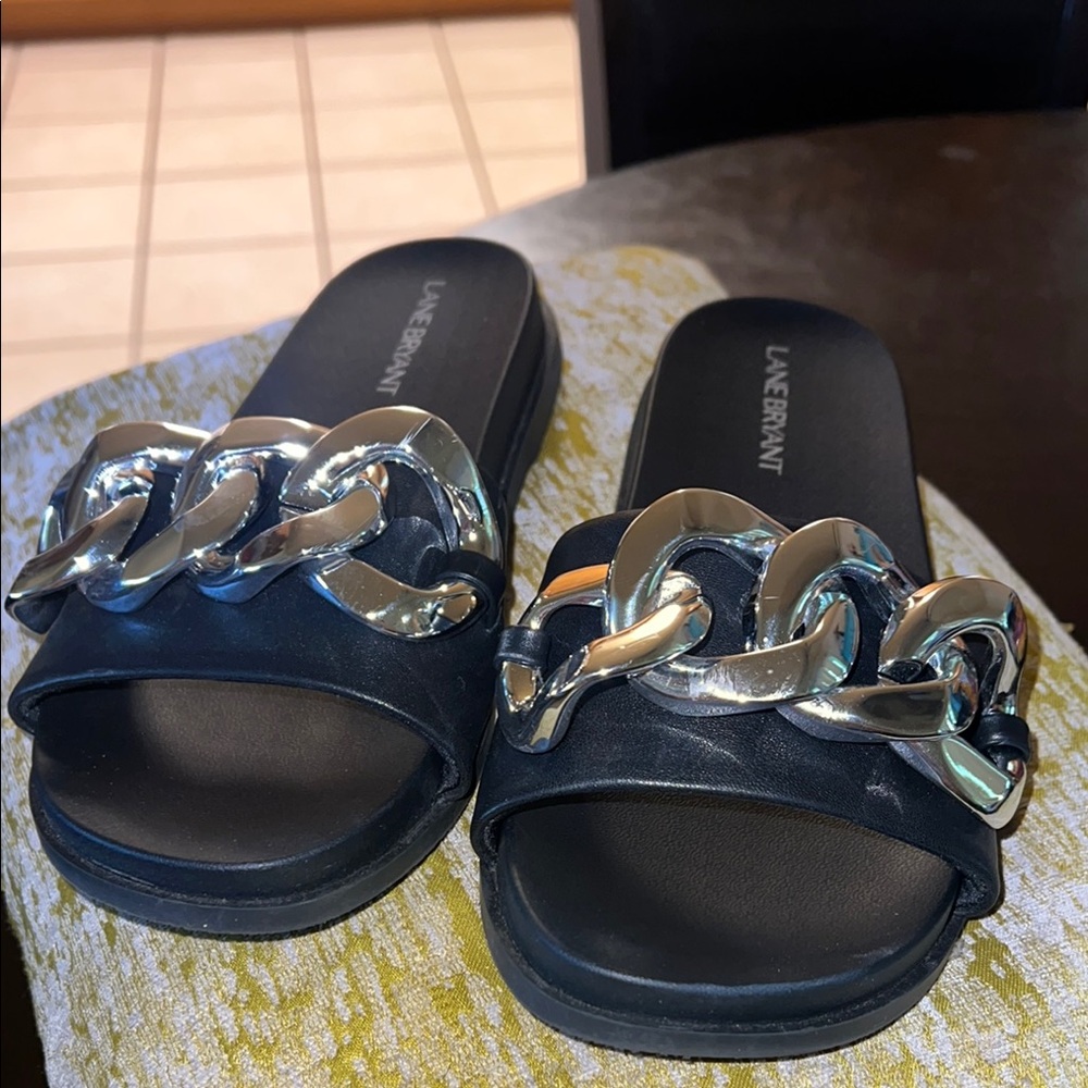 Lane Bryant Black Sandals with Silver Chain Accent